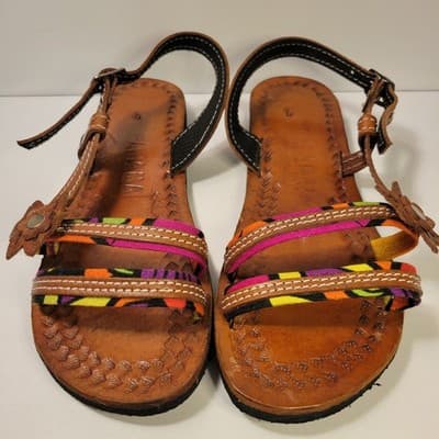 Handmade Panama Leather Sandals Multicolor Straps Floral Accent Women’s Size 9 - Thumbnail 3