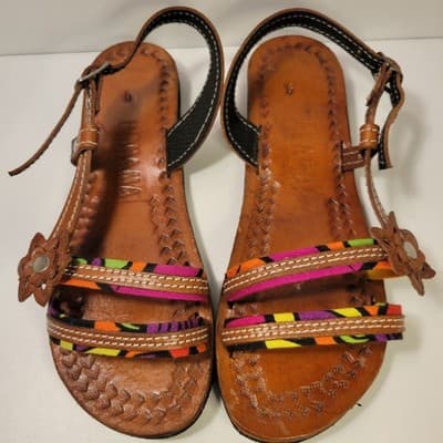 Handmade Panama Leather Sandals Multicolor Straps Floral Accent Women’s Size 9 - Thumbnail 5