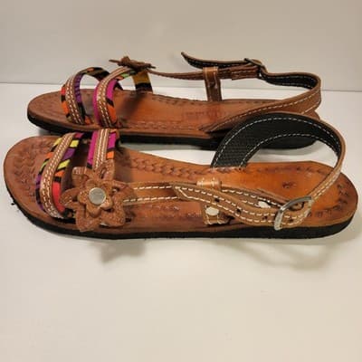 Handmade Panama Leather Sandals Multicolor Straps Floral Accent Women’s Size 9 - Thumbnail 6