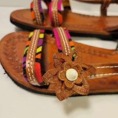 Handmade Panama Leather Sandals Multicolor Straps Floral Accent Women’s Size 9 - Thumbnail 2