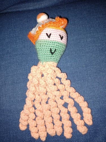 New Handmade Pink 10 1/2" Tall Crochet Octopus with Orange & White Pom Pom Beret - Image 1