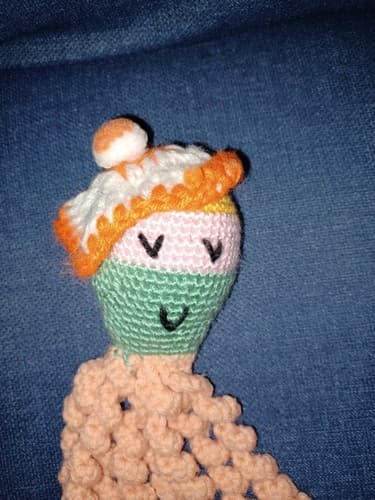 New Handmade Pink 10 1/2" Tall Crochet Octopus with Orange & White Pom Pom Beret - Thumbnail 2