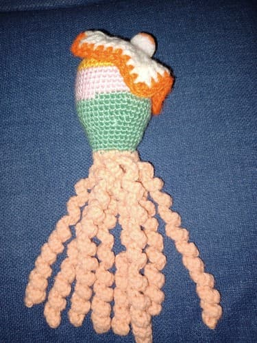 New Handmade Pink 10 1/2" Tall Crochet Octopus with Orange & White Pom Pom Beret - Thumbnail 3
