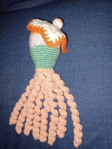 New Handmade Pink 10 1/2" Tall Crochet Octopus with Orange & White Pom Pom Beret - Thumbnail 4