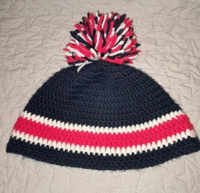 Handmade Knit Pom Beanie Navy Red White New England Patriots Colors - Thumbnail 3