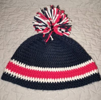 Handmade Knit Pom Beanie Navy Red White New England Patriots Colors - Thumbnail 2