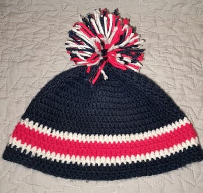 Handmade Knit Pom Beanie Navy Red White New England Patriots Colors - Image 1