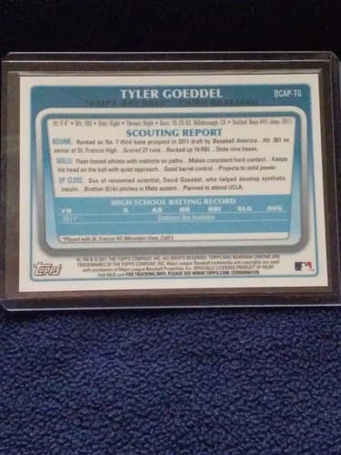 2011 Bowman Chrome Draft Tyler Goeddel Auto Blue Refractor /150 Rays - Thumbnail 4