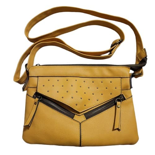 Chic Mustard Yellow Crossbody Purse Studded Pebbled Zip Pockets Bag - Image 1