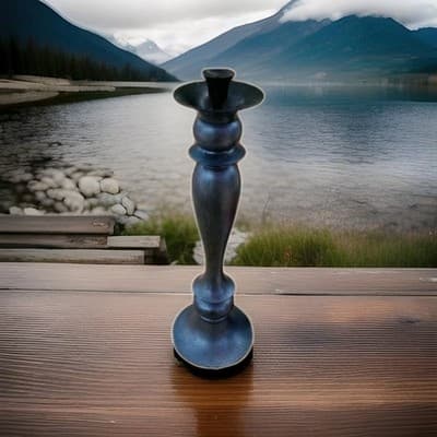 Pottery Barn 22" Turned Wood Candle Holders Blue Gray Taper Pillar Set of 2 Lrg - Image 1