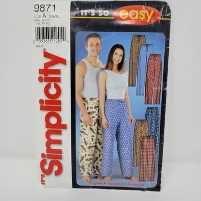 SIMPLICITY 9871 Sewing Pattern Pants Unisex XS XL Pajama Lounge Drawstring Easy - Image 1
