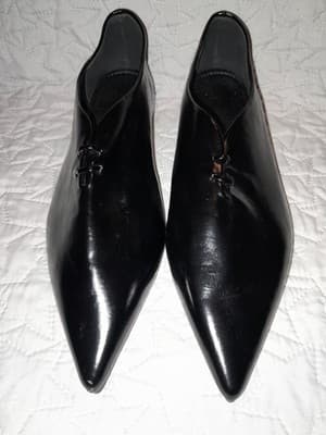 Spring Women’s Pumps Size 42 Narrow Black Faux Leather Pointed Toe Block Heel - Thumbnail 2