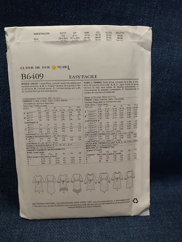 Butterick B6409 6409 ZZ Pattern Jewel Neck Drawstring Dress LRG XLG XXL UNCUT - Thumbnail 2