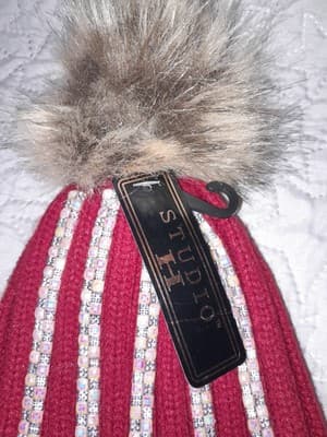 Studio H Bling Red With Striped Sequence & A Pompom Beanie Hat - Thumbnail 3