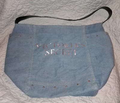 VICTORIAS SECRET Tote Purse Light Blue Denim Black Handle Shoulder Bag 19"x14" - Image 1