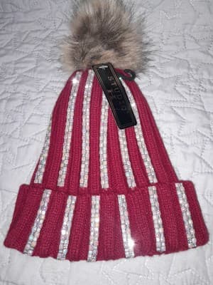 Studio H Bling Red With Striped Sequence & A Pompom Beanie Hat - Thumbnail 2