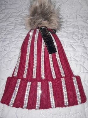 Studio H Bling Red With Striped Sequence & A Pompom Beanie Hat - Image 1
