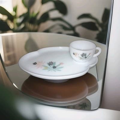Vintage MCM Milk Glass Snack Set Atomic Starburst Floral Coffee Tea Plate Cup - Image 1