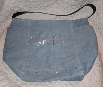 VICTORIAS SECRET Tote Purse Light Blue Denim Black Handle Shoulder Bag 19"x14" - Thumbnail 2