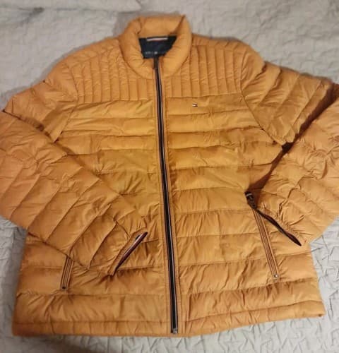 Tommy Hilfiger Women Jacket Mustard Puffer Logo Pockets Collar Sz L Natural Down - Image 1