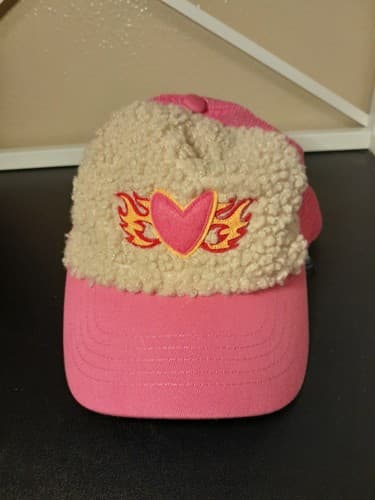 Wild Fable Women's Hat Cap Adjustable Strap Back Pink Fleece Heart with Flames - Image 1