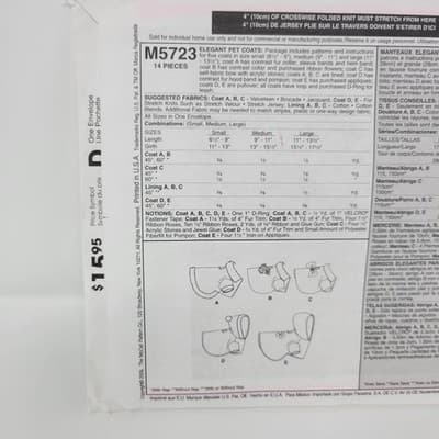 MCCALLS M5723 Crafts Dog Coat Sewing Pattern 5723 Small Medium Large Uncut - Thumbnail 5