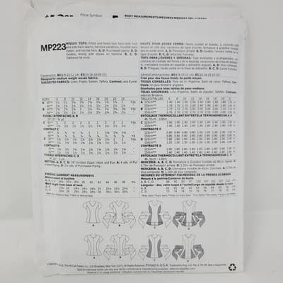 MCCALLS MP223 Sewing Pattern Womens Blouse 223 Misses 14-22 Peplum Rare OOP - Thumbnail 3