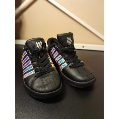 K-Swiss Classic VN Black Leather Sneakers Little Kids 12K Shoes Silver 5-Stripes - Thumbnail 7