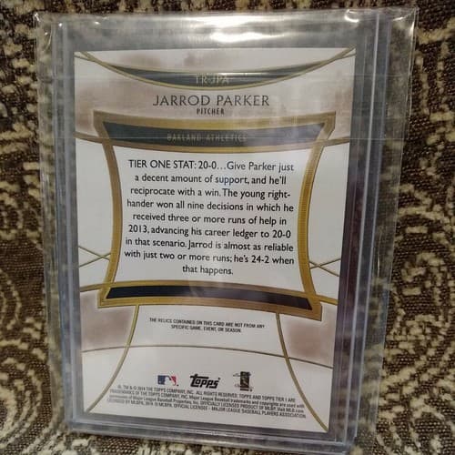 2014 Topps Tier One Jarrod Parker Triple Relic /25 A’s Jersey Card - Thumbnail 4