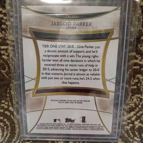 2014 Topps Tier One Jarrod Parker Triple Relic /25 A’s Jersey Card - Thumbnail 3
