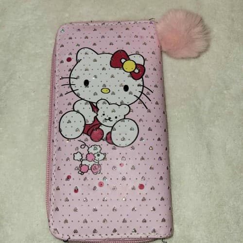 Sanrio Hello Kitty Pink Glitter Zip-Around Wallet Pom Pom Zipper Kawaii - Image 1