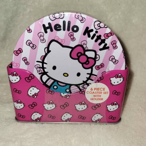 Sanrio Hello Kitty 6-Piece Coaster Set with Holder Pink Cork Back Kawaii NWT - Image 1