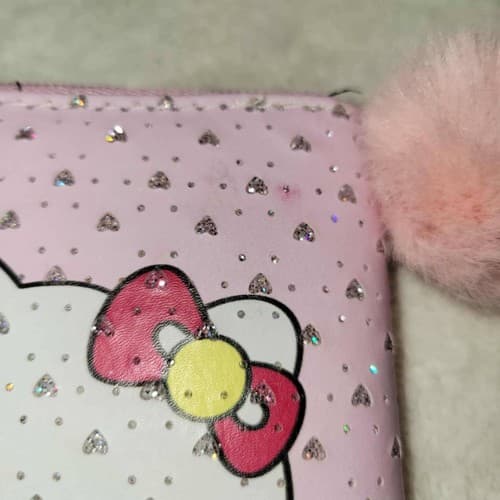 Sanrio Hello Kitty Pink Glitter Zip-Around Wallet Pom Pom Zipper Kawaii - Thumbnail 2