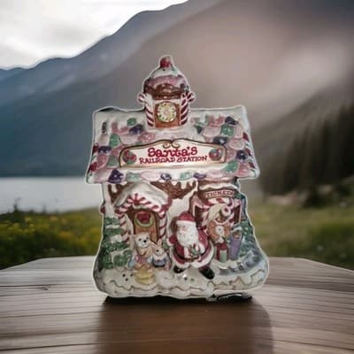 Fitz and Floyd Candy Lane Santa’s Railroad Station Gingerbread Cookie Jar - Image 1