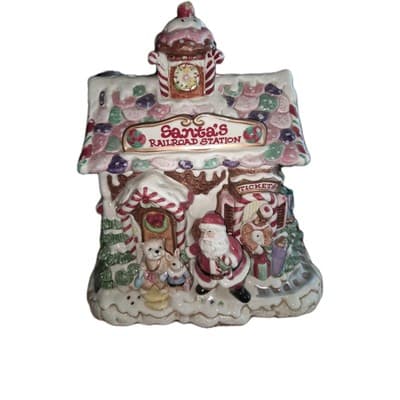 Fitz and Floyd Candy Lane Santa’s Railroad Station Gingerbread Cookie Jar - Thumbnail 2