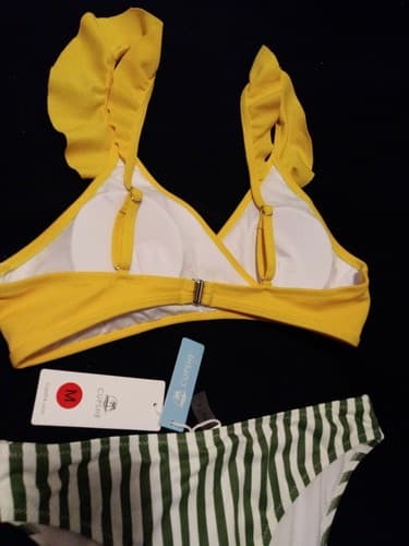 Bikini Swimsuit Size M Medium Stripped Bottom With Yellow Ruffled Top New Cupshe - Thumbnail 5