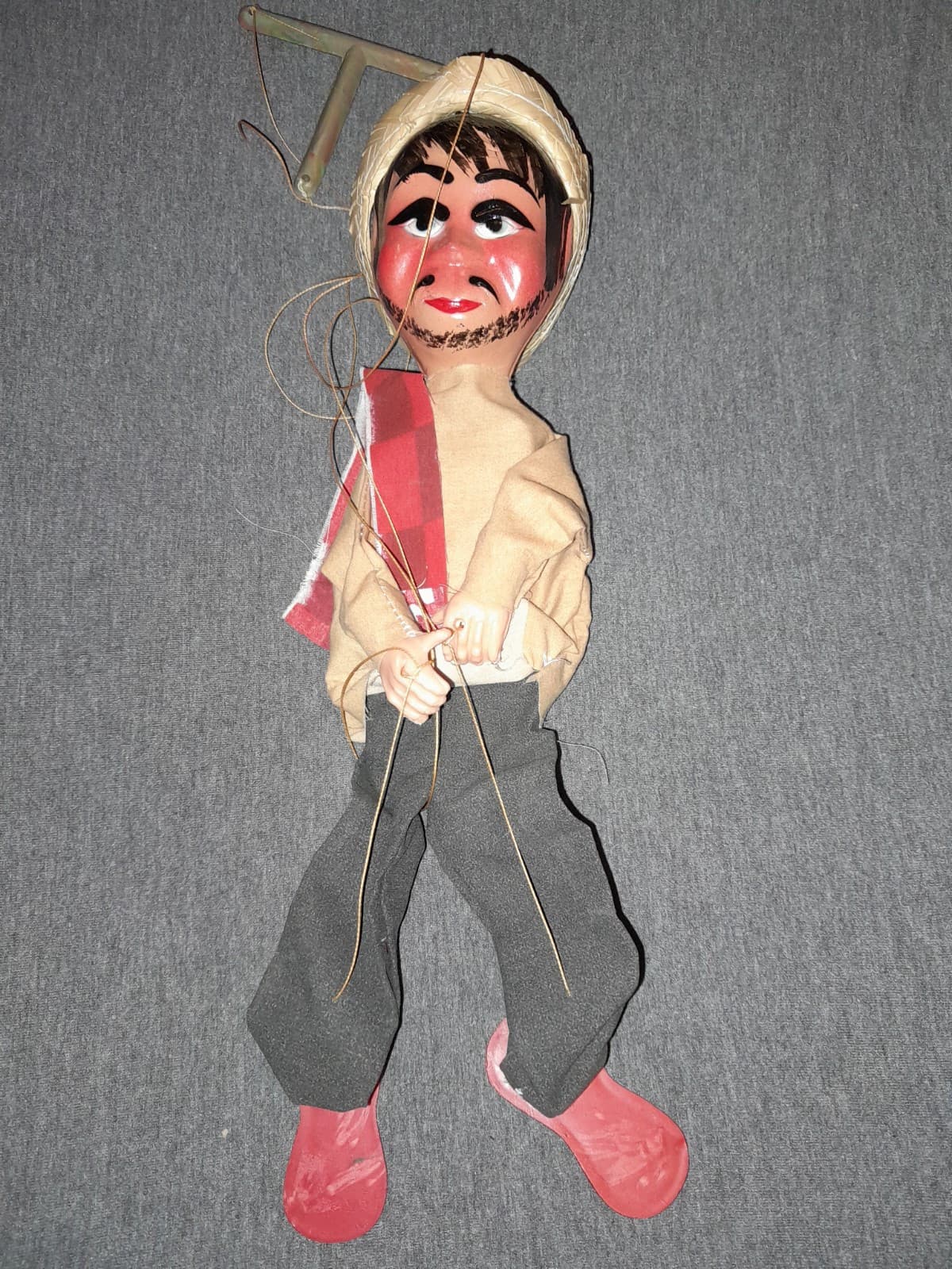 Vintage 13" Folk Art Mexican Marionette String Puppet w/ Straw Hat - Image 1