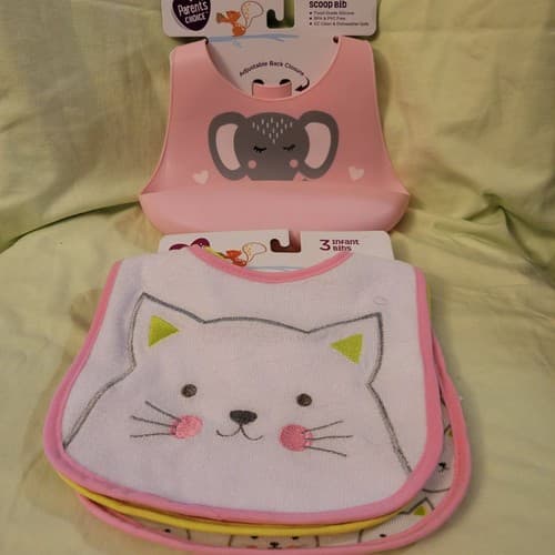 Parents Choice Silicone Scoop Bib Elephant 3 Pk Infant Bibs Cat Baby Feeding Set - Image 1