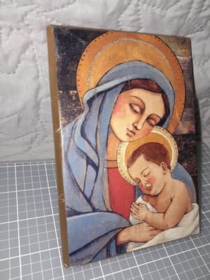 Madonna & Child Virgin Mary Jesus Christ Wood Plaque 4x6 Teresa Kogut AUTHENTIC - Thumbnail 2