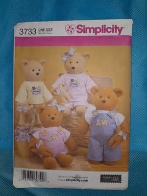 Simplicity 3733 Pattern 5" & 17" Plush Teddy Bear Clothes Overalls Pjs Shirt UC - Image 1