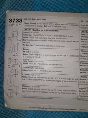 Simplicity 3733 Pattern 5" & 17" Plush Teddy Bear Clothes Overalls Pjs Shirt UC - Thumbnail 4