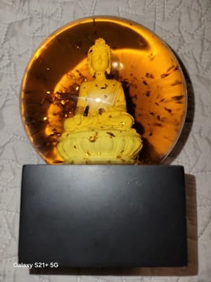 BUDDHA Meditation Snow Globe Gold Flakes Amber Glass Zen Decor 6.5in - Image 1
