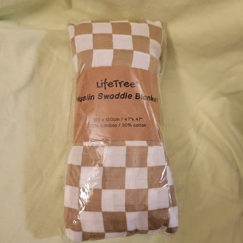 LifeTree Muslin Swaddle Blanket Beige Gingham 47"x47" Bamboo Cotton Baby Wrap - Image 1