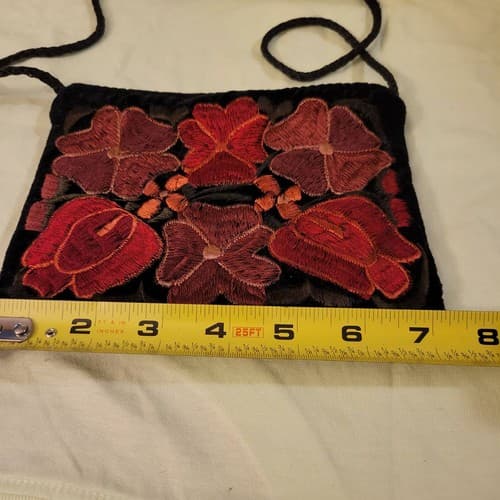 Handmade Guatemala Velvet Crossbody Bag Purse Embroidered Floral Black 7.5"x6" - Thumbnail 8