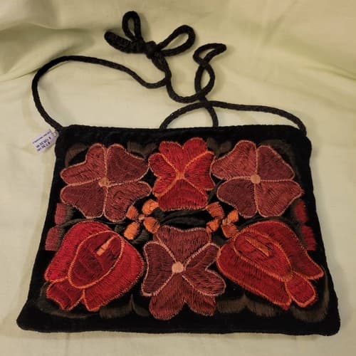 Handmade Guatemala Velvet Crossbody Bag Purse Embroidered Floral Black 7.5"x6" - Image 1