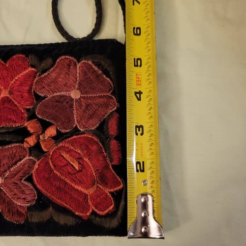 Handmade Guatemala Velvet Crossbody Bag Purse Embroidered Floral Black 7.5"x6" - Thumbnail 9