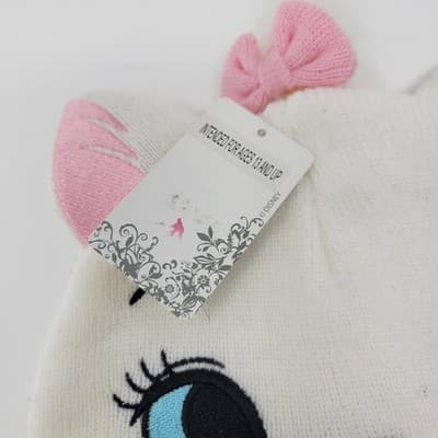 DISNEY MARIE Aristocats Beanie Hat White Pink Bow Knit Cat Ears Womens OS NWT - Thumbnail 3