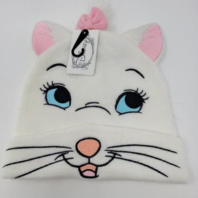 DISNEY MARIE Aristocats Beanie Hat White Pink Bow Knit Cat Ears Womens OS NWT - Thumbnail 2