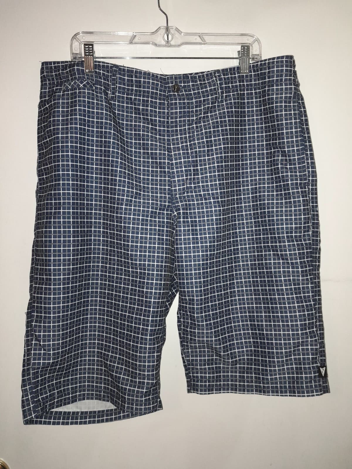 Univibe 38.5" x 12" Blue & White Plaid Tie Front Pocket Boardshorts Size 36 EUC - Image 1