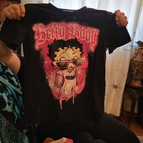 Betty Boop Graphic T-Shirt Black Pink Flames Cartoon Tee Women’s Small - Thumbnail 2